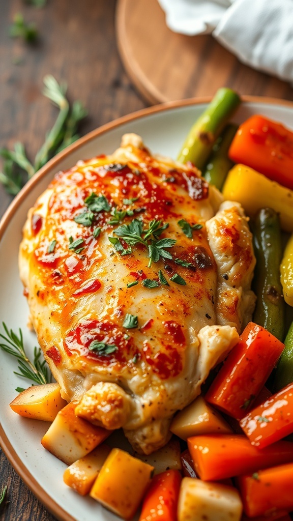 Easy Weight Watchers Air Fryer Chicken Dinner Recipe Juicy air fryer chicken breast garnished with herbs, served with steamed vegetables on a rustic table.